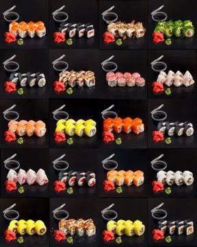 Twenty different tditional delicious fresh sushi roll set on a black backgrou Stock Photos