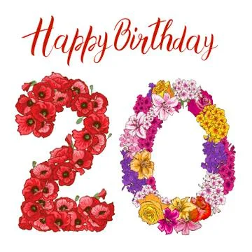 Twenty digit made of different flowers isolated on white background. Happy bi Stock Illustration