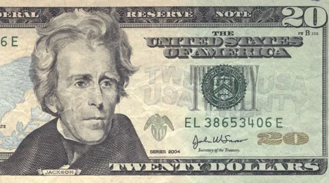 Twenty dollar note obverse dolly shot from right to left showing 20 symbols 4k Stock Footage 61539640