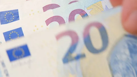 Twenty euro background. Close up on Many euro money bills. EU money banknotes Stock Footage 254746401