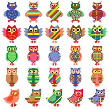 Twenty five amusing colorful owls Stock Illustration