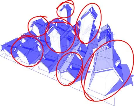 Twenty five  different blue transparent houses on grid with red sketches Stock Illustration