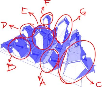 Twenty five  different blue transparent houses on grid with red sketches Stock Illustration