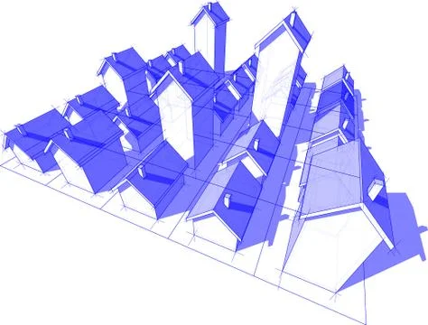 Twenty five  different blue transparent houses on  grid Stock Illustration