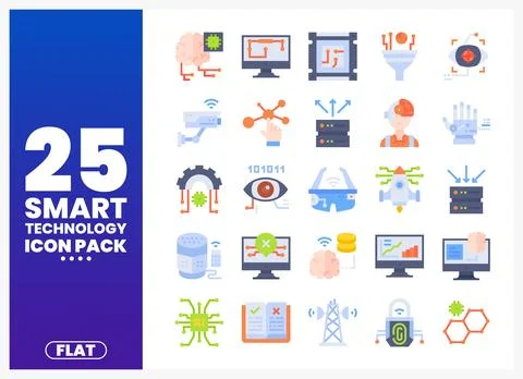 Twenty-five flat icons illustrating smart technology concepts on a white ba.. Stock Illustration