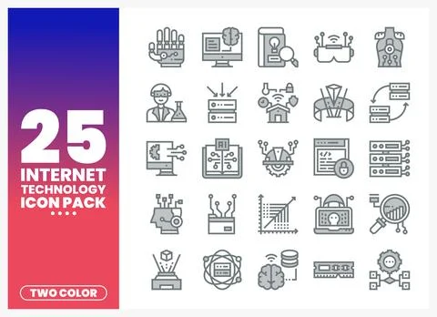 Twenty-five internet technology icons in a modern two-color style on a grad.. Ilustração Stock
