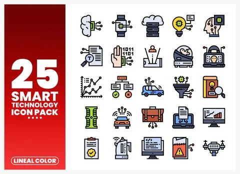 Twenty-five lineal color smart technology icons depicting innovation. data... Stock-Illustration