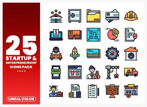Twenty-five lineal color startup and entrepreneurship icons in a white grid.. Stock Illustration