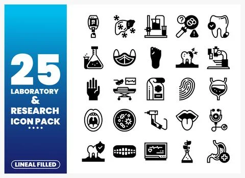 Twenty-five lineal filled laboratory and research icon pack on a blue gradi.. Stock Illustration