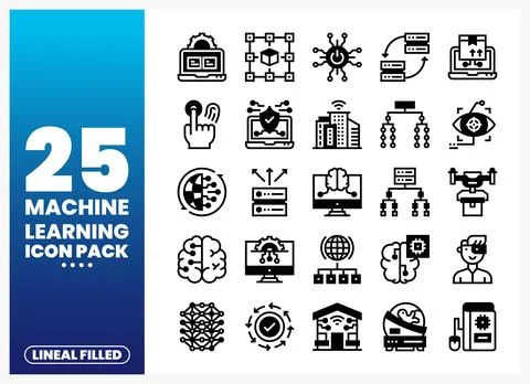Twenty-five lineal filled machine learning icons for technology and AI concep Stock Illustration