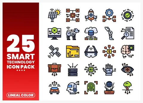 Twenty-five smart technology icons. lineal color. set on a white background. 스톡 일러스트
