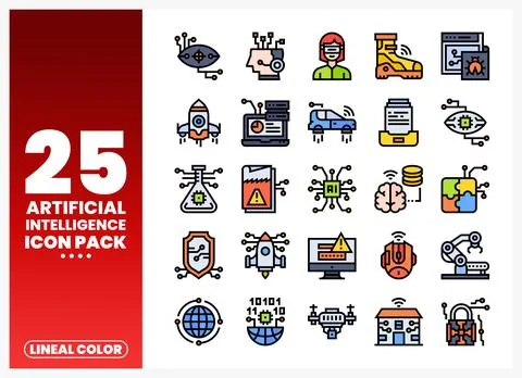 Twenty-five varied linear color icons illustrating artificial intelligence .. Stock Illustration