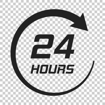 Twenty four hour clock icon in flat style. 24/7 service time illustration on  Stock-Illustration