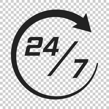 Twenty four hour clock icon in flat style. 24/7 service time illustration on  Stockillustratie