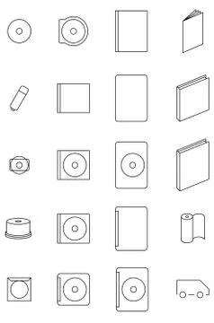 Twenty media case icon set in black and white. Stock Illustration