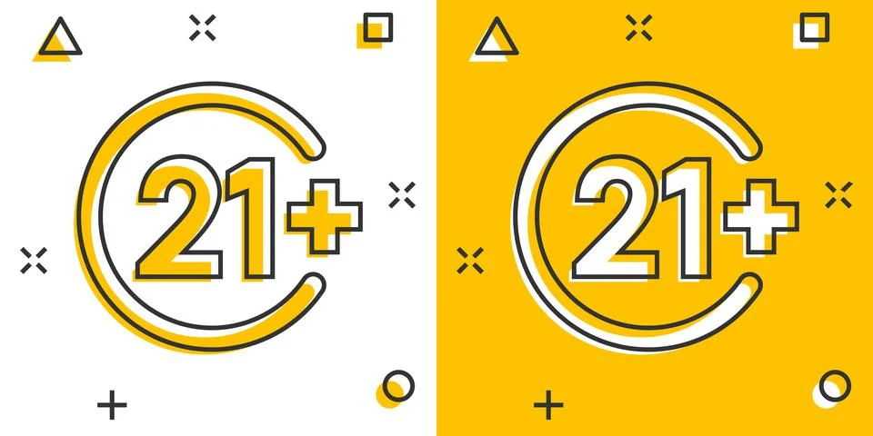 Twenty one plus icon in comic style. 21+ cartoon vector illustration on white Illustrazione stock