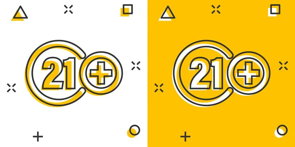 Twenty one plus icon in comic style. 21+ cartoon vector illustration on white Illustrazione stock