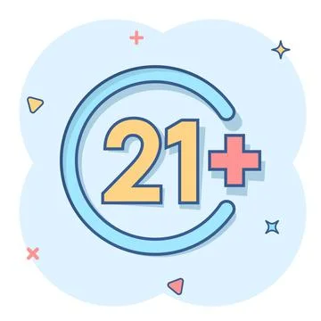 Twenty one plus icon in comic style. 21+ cartoon vector illustration on white 库存插图