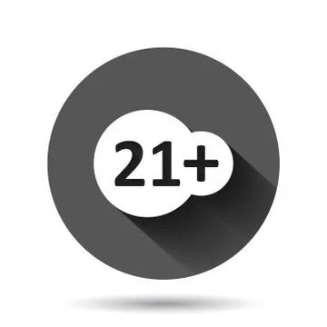 Twenty one plus icon in flat style. 21+ vector illustration on black round ba 스톡 일러스트