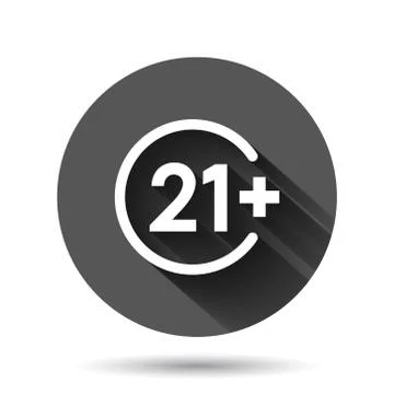 Twenty one plus icon in flat style. 21+ vector illustration on black round ba 스톡 일러스트