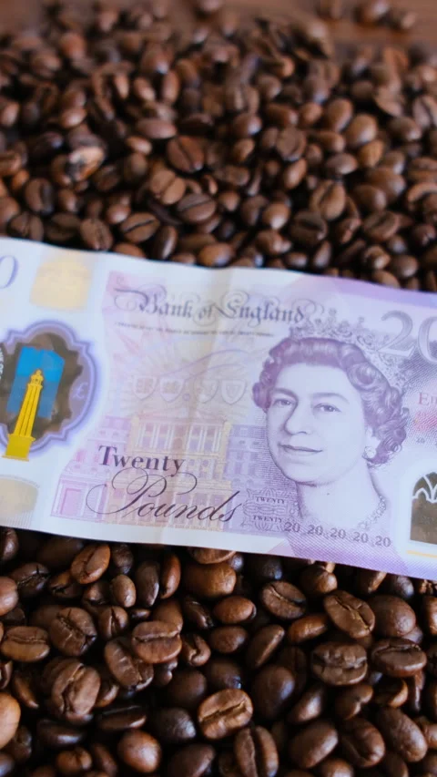 Twenty pound  on coffee beans in close-up Stock Footage 296532585