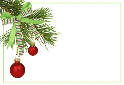 Twig of Christmas tree with red balls and festive ribbon bow with green frame Stock Illustration