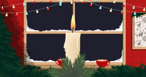 Twig in front of burning candle with cups on window sill below string bulbs Stock Illustration
