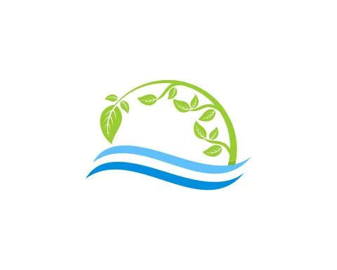 Twigs and leaf on the blue waves logo Stock Illustration