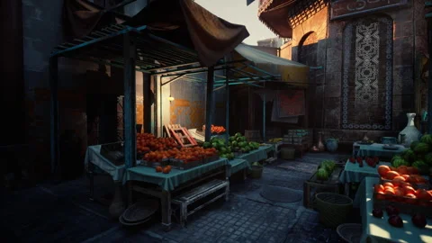 Twilight bazaar featuring traditional stone buildings and lanterns Stock Footage 334328600