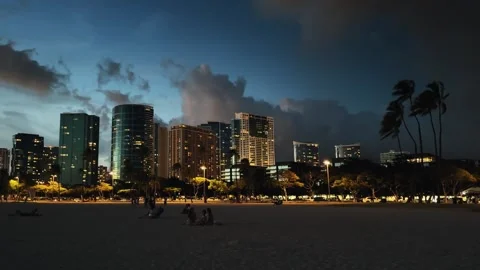 Twilight beach panorama with Honolulu skyline and palm silhouettes at backgro Video stock 329453002