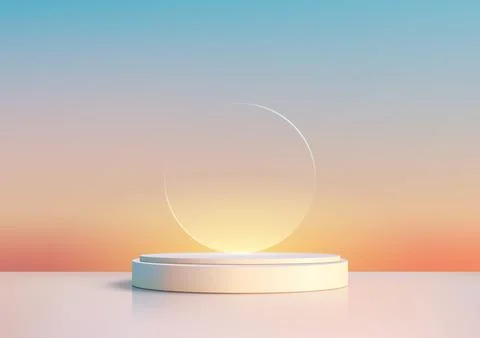 Twilight Blue Sky Background with 3D White Podium and Glowing Circle Glass .. Stock Illustration