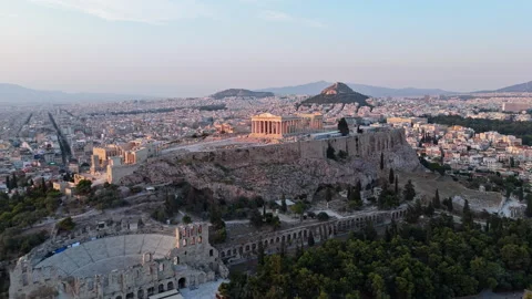 Twilight Drone Orbit of Acropolis of Athens with Parthenon and Odeon Stock Footage 342024018