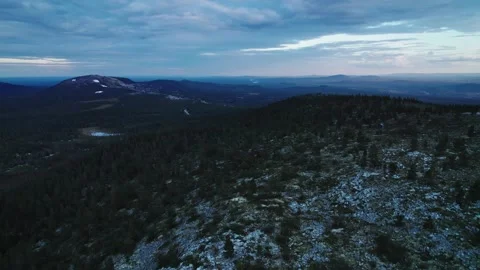 Twilight Drone View of Idre Ski Resort and Rocky Mountain Ridge in Summer Stock Footage 294983433