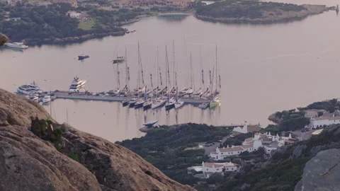 Twilight Drone View of Porto Cervo Regatta Yachts Moored in Sheltered Bay Stock-Footage 341067072