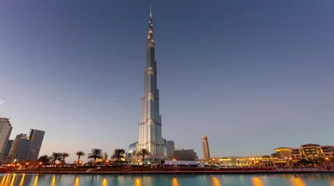 Twilight dubai world highest building fountain panorama 4k time lapse uae Stock Footage 54127572