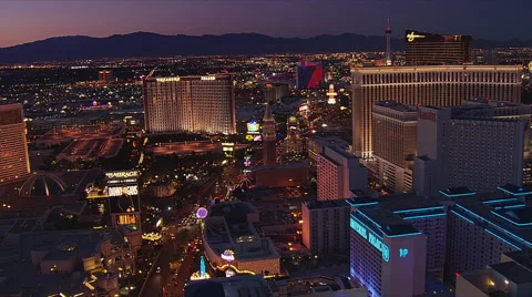 Twilight flight north up Las Vegas Boulevard. Shot in 2005. Stock Footage 59526394