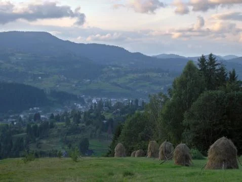 Twilight at the mountainous meadow Stock Photos