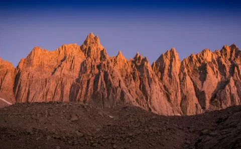 Twilight on Mt. Whitney Range, Mt. Whitney, California Stock Photos