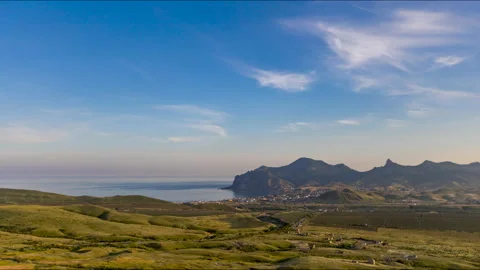Twilight over Karadag volcano and Koktebel village. Black Sea, Crimea. Stock Footage 155202001