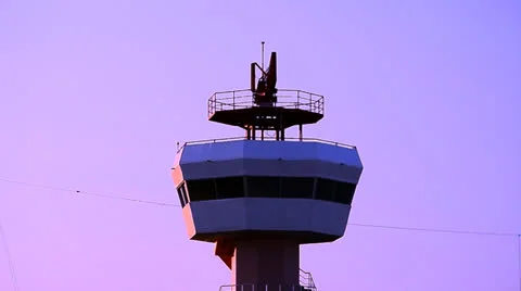 Twilight radar tower communication and plane Stock Footage 22994416