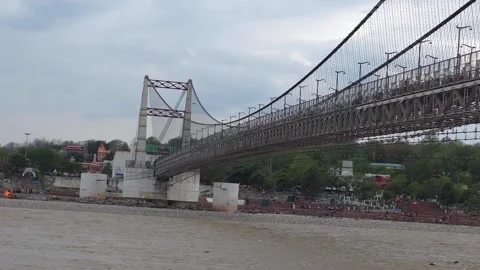 Twilight Reflections on Rishikesh Bridges Stock Footage 313564481