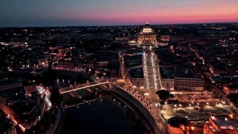 Twilight Rome Axis from Tiber River to St. Peter's Basilica Stock Footage 340906569