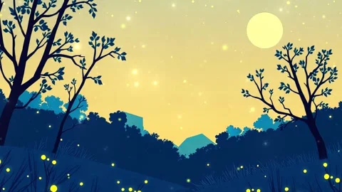 Twilight Silhouette: A Dusk Scene with Bare Trees and Glimmering Fireflies Set Video stock 307002512