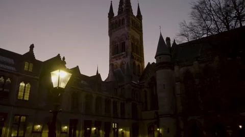 Twilight Silhouette Gilbert Scott Tower from Quadrangles, University of Glasgow Stock Footage 261765094
