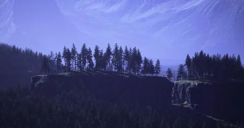 Twilight sky over tree covered cliffs in a mountainous landscape Stock Illustration