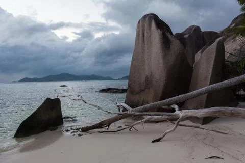 Twilight at Source d'argent beach Seychelles Stock Photos
