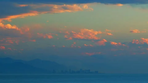 Twilight Sunset Sky With Clouds. Sunset With Dramatic Clouds And Sun Rays. Pan. Stock Footage 259680539