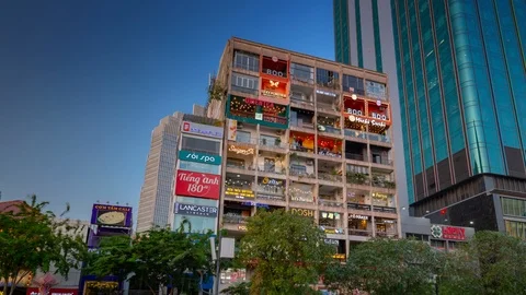 Twilight time ho chi minh city famous building front panorama 4k vietnam Stock Footage 120879550