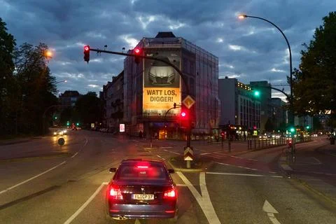 Twilight Traffic at Downtown Intersection Stock Photos