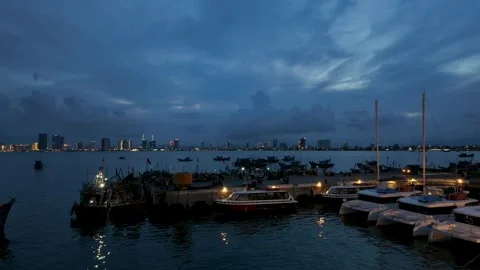 Twilight view of the coastline and marina area Sơn Trà Marina in Da Nang Stock Footage 346860072